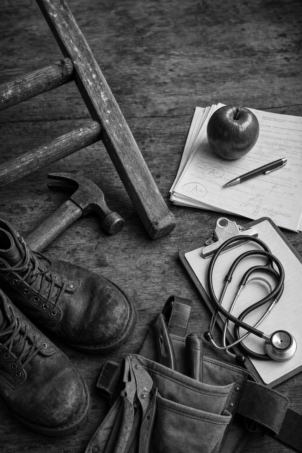 The tools of working Mainers: a wooden ladder, a hammer, work boots, a tradesman's tool belt, a nurse's stethoscope and clipboard, and a teacher's graded papers and apple.